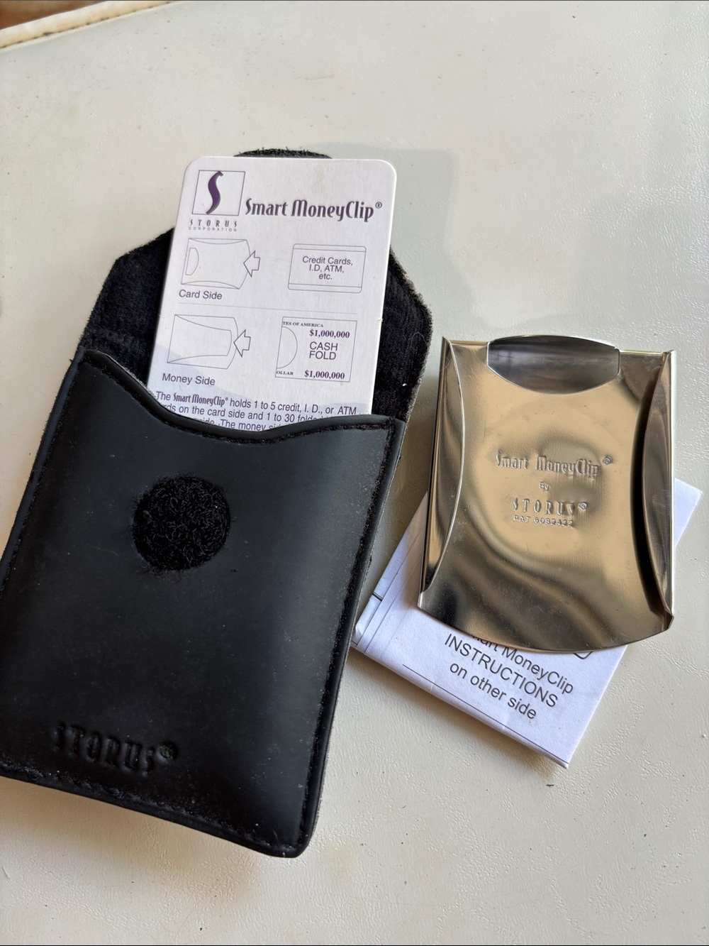 Smart MoneyClip Stainless Steel Money Clip with Black Leather Sleeve